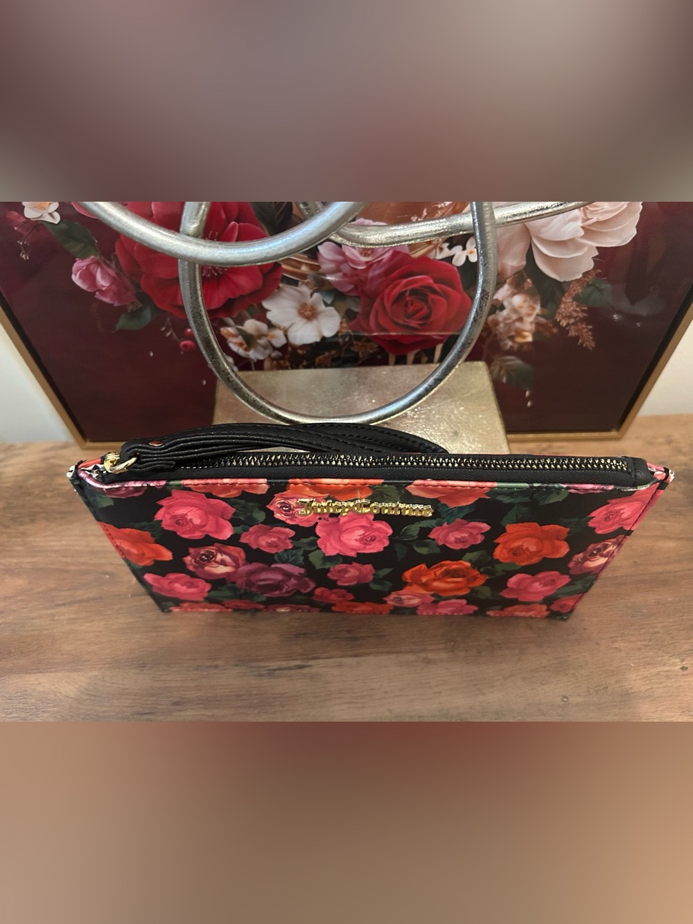 Juicy Couture Black Floral Zip Clutch Wristlet with Pink & Red Roses - Picture 2 of 7